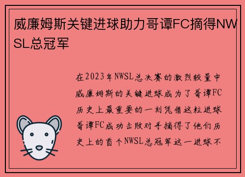 威廉姆斯关键进球助力哥谭FC摘得NWSL总冠军