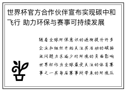 世界杯官方合作伙伴宣布实现碳中和飞行 助力环保与赛事可持续发展